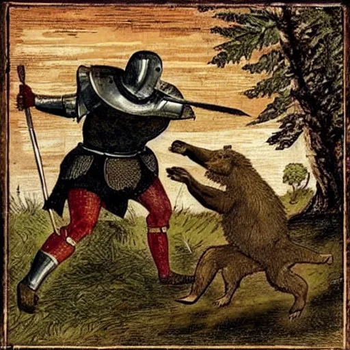 Image similar to medieval knight fights a bear. the bear is gigantic