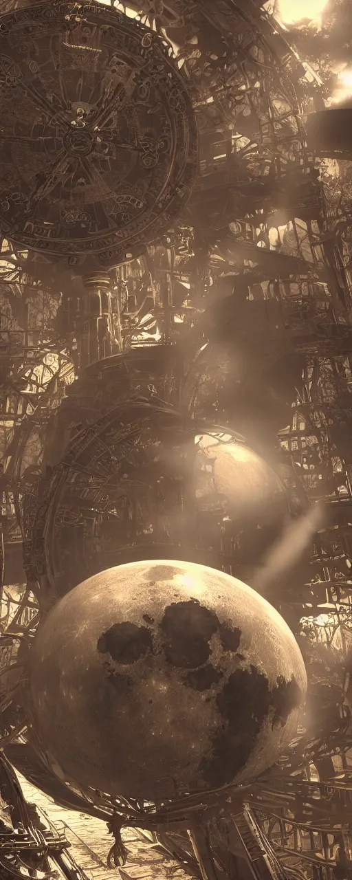 Prompt: Steam punk moon. Close. Photorealistic. 4k. God rays. Highly detailed. VRay Rendering. Unreal Engine.