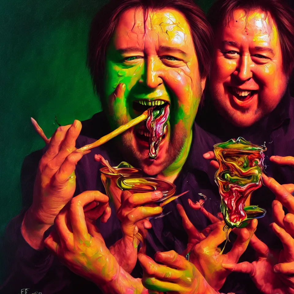 Prompt: bright psychedelic bill hicks eating rotten flesh, smiling and puking, diffuse lighting, fantasy, intricate, elegant, highly detailed, lifelike, photorealistic, digital painting, artstation, illustration, concept art, smooth, sharp focus, art by francis bacon