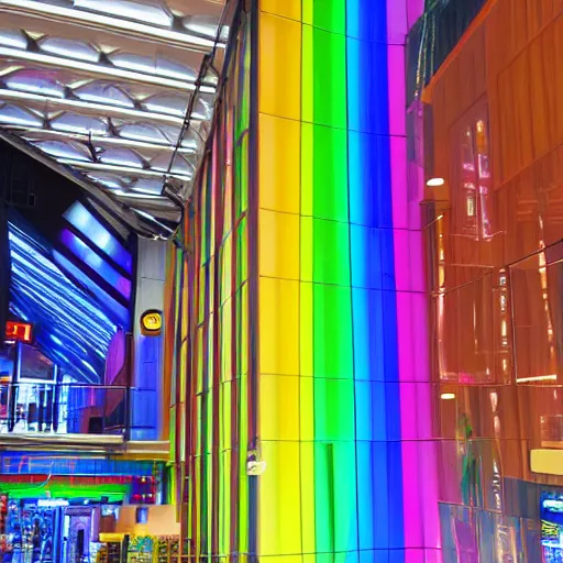 Prompt: rainbow inside of a indoor mall