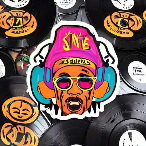 Image similar to svg sticker of a Dancing-Ben-Harper-Snoop-Spike-Lee-with-a-large-Afro-Puff, at a rave, spinning records, giant headphones rocking out, wearing headphones, huge speakers, dancing, rave, DJ, spinning records, digital art, amazing composition, rule-of-thirds, award-winning, trending on artstation, featured on deviantart