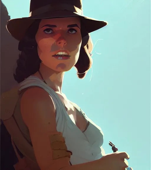 Image similar to portrait of a female indiana jones by atey ghailan, by greg rutkowski, by greg tocchini, by james gilleard, by joe fenton, by kaethe butcher, dynamic lighting, gradient light blue, brown, blonde cream and white color scheme, grunge aesthetic