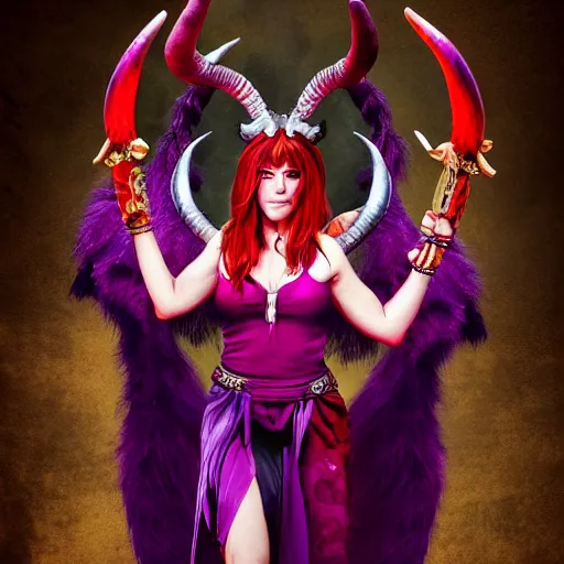 Image similar to illustrated hyper realistic portrait of Elizabeth Hurley as ram-horned devil woman with purple hair, red dress, epic action pose by rossdraws, award winning epic HD photography