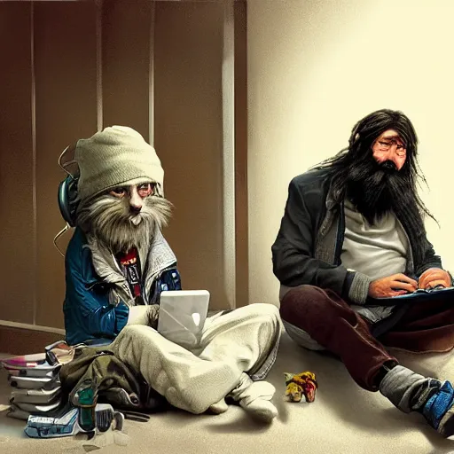 Image similar to homeless man hobo with long beard and long hair sitting at his computer in a white room asylum, headphones on head, his pet dog yorkshire terrier sitting beside him, pixar style, by tristan eaton stanley artgerm and tom bagshaw.