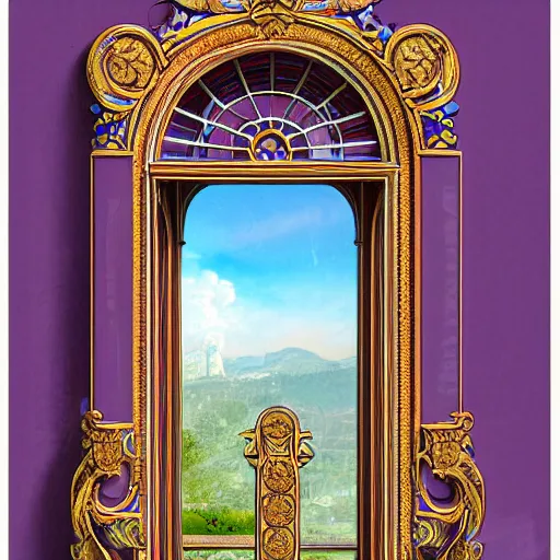 Prompt: digital illustration of a beautiful window open front view, complete window!, realis aesthetic, achenbach, andreas, angelico, fra, bellotto, bernardo, ornate, russian style, colorful architectural drawing, behance contest winner, vintage frame window