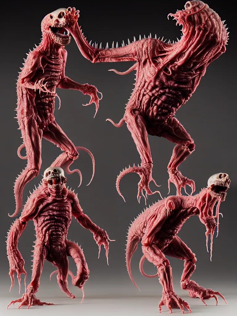 Image similar to hyperrealistic rendering, fat smooth cronenberg flesh monster transparent kaiju with skull and spine by donato giancola and greg rutkowski and wayne barlow and zdzisław beksinski, product photography, action figure, sofubi, studio lighting, colored gels, colored background