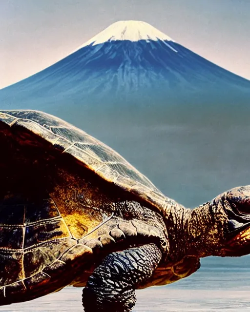 Prompt: photos of Gamera, the giant Turtle kaiju monster with an erupting Mount Fuji in the background, shot in the style of National Geographic, atmospheric, Japan, hyperreal