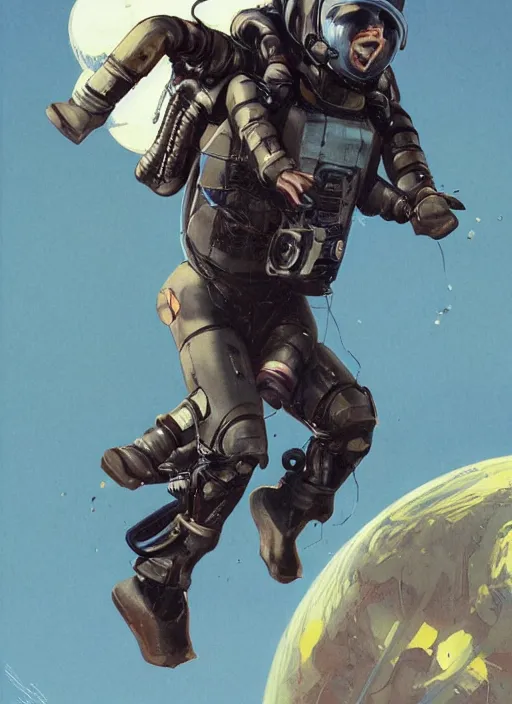 Prompt: flying human smiling in suit with conic helmet and jetpacks attached to arms and legs, against dark background, fluid, smooth, organic, crazy, high contrast, sharpness, dramatic, by greg rutkowski and siudmak and richard corben and moebius