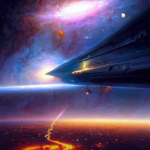 Image similar to The golden city of New Jersualem in the clouds, the orion nebula in the sky, nebula, fantasy city, fantastical architecture, divine, holy, art by Stephan Martinière, Martinière artwork, fantasy, beautiful, HD