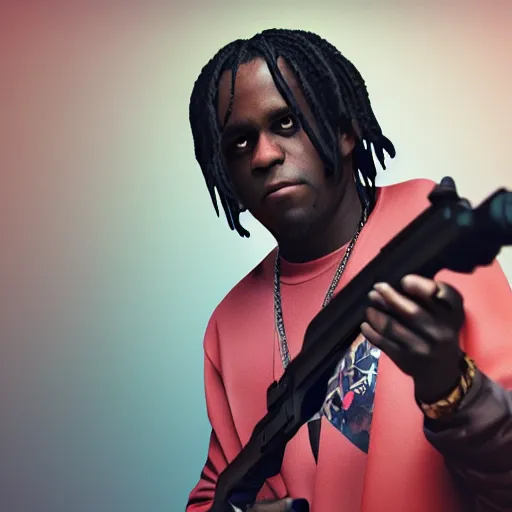 Prompt: Rapper Chief Keef holding a gun 4K quality super realistic digital art