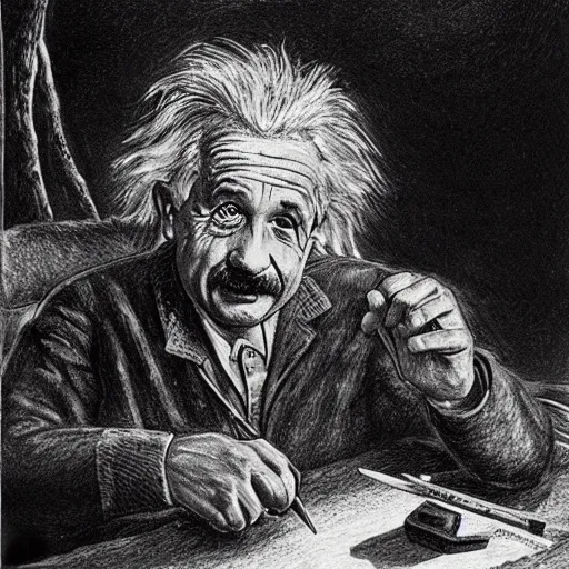 Prompt: Albert Einstein discovers fire in a cave, pencil illustration