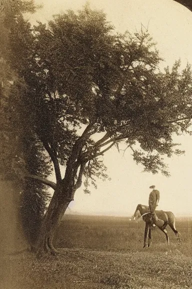 Prompt: an 1800s photo taken from a distance of a horse tangled in the branches of a tree