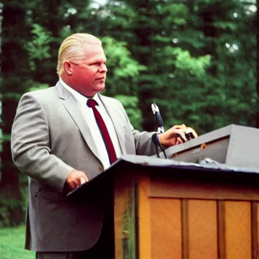 Image similar to doug ford giving a speech in beekeepers suit cinestill, 8 0 0 t, 3 5 mm, full - hd