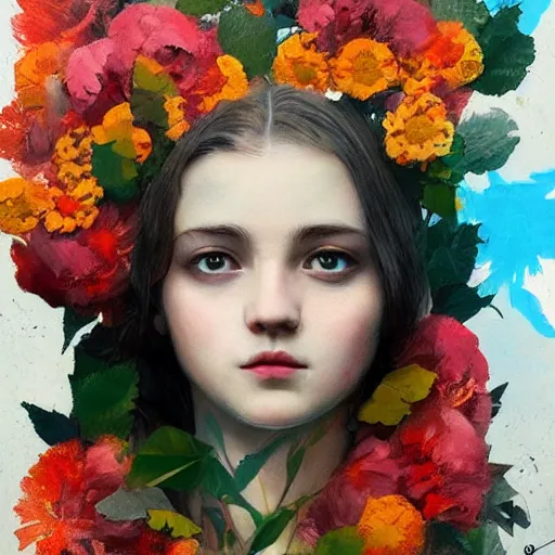 Prompt: Ukrainian girl with a flowers covered into the Ukrainian flag profile picture by Greg Rutkowski, asymmetrical, Organic Painting , Matte Painting, geometric shapes, hard edges, street art, trending on the artstation, graffiti, realistic:2 by Sachin Teng:4, blur: -4