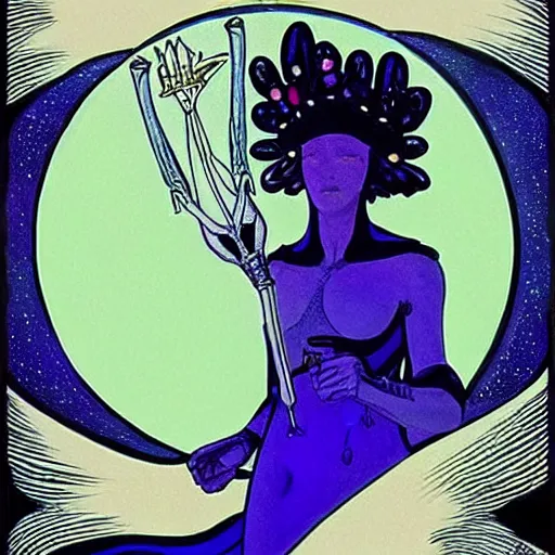 Prompt: artemixel, the modern reincarnation of the old selenium greek god of hunt, also known as artemis the selene, carrying the celebrated crown of the crescent moon wich its usual bright and slightly bluish crescent like the brightness of the night. cartoon by moebius. character design, concept design