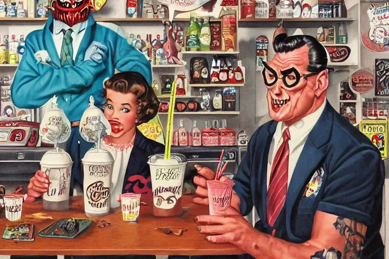 Prompt: a 1 9 5 0 s soda shoppe where a young teenage girl punk and her massive demonic balor balrog demon devil father, gorthalax the insatiable, drink milkshakes together, realistic high detail gouache painting in the style of norman rockwell and alex ross.