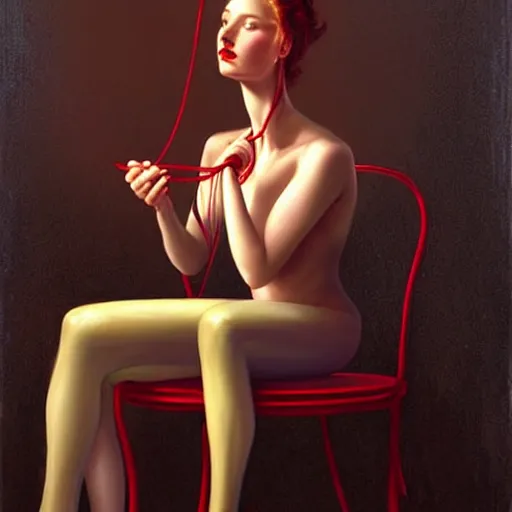 Image similar to a beautiful woman tied to a chair using spaghetti, a woman wrapped in spaghetti, painting by Charlie Bowater and Gerald Brom