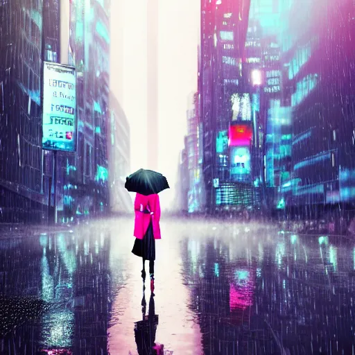 Prompt: city of the future, many skyscrapers, blade runner style, hyper-realistic, octane render, realistic, real, street, rain, beautiful girl with umbrella wearing a clear raincoat with pink hair, cinematic, 8k, very intricate, 80's, night time,