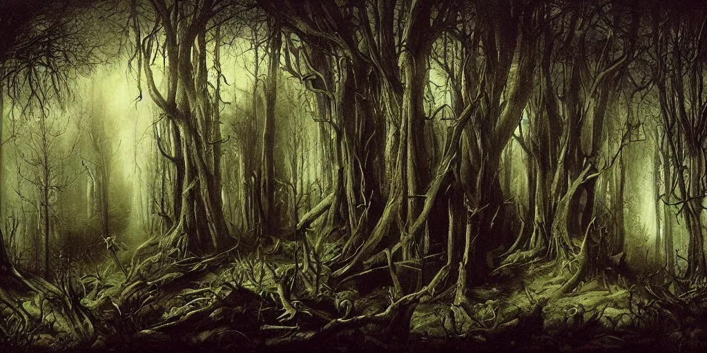 Image similar to dark gothic fantasy forest artwork by eugene von guerard