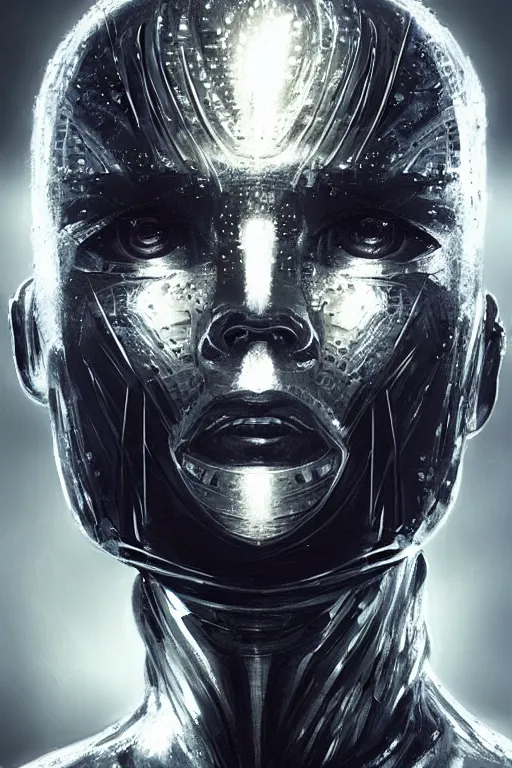 Image similar to chrome futuristic cyborg with a face made of pixels on a black screen for a head, diffuse lighting, fantasy, intricate, elegant, highly detailed, lifelike, photorealistic, digital painting, artstation, illustration, concept art, smooth, sharp focus, art by John Collier and Albert Aublet and Krenz Cushart and Artem Demura and Alphonse Mucha