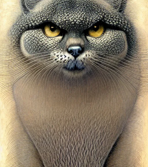 Image similar to detailed realistic beautiful manul portrait by jean delville, gustave dore, iris van herpen and marco mazzoni, art forms of nature by ernst haeckel, art nouveau, symbolist, visionary, gothic, neo - gothic, pre - raphaelite, fractal lace, intricate alien botanicals, ai biodiversity, surreality, hyperdetailed ultrasharp octane render