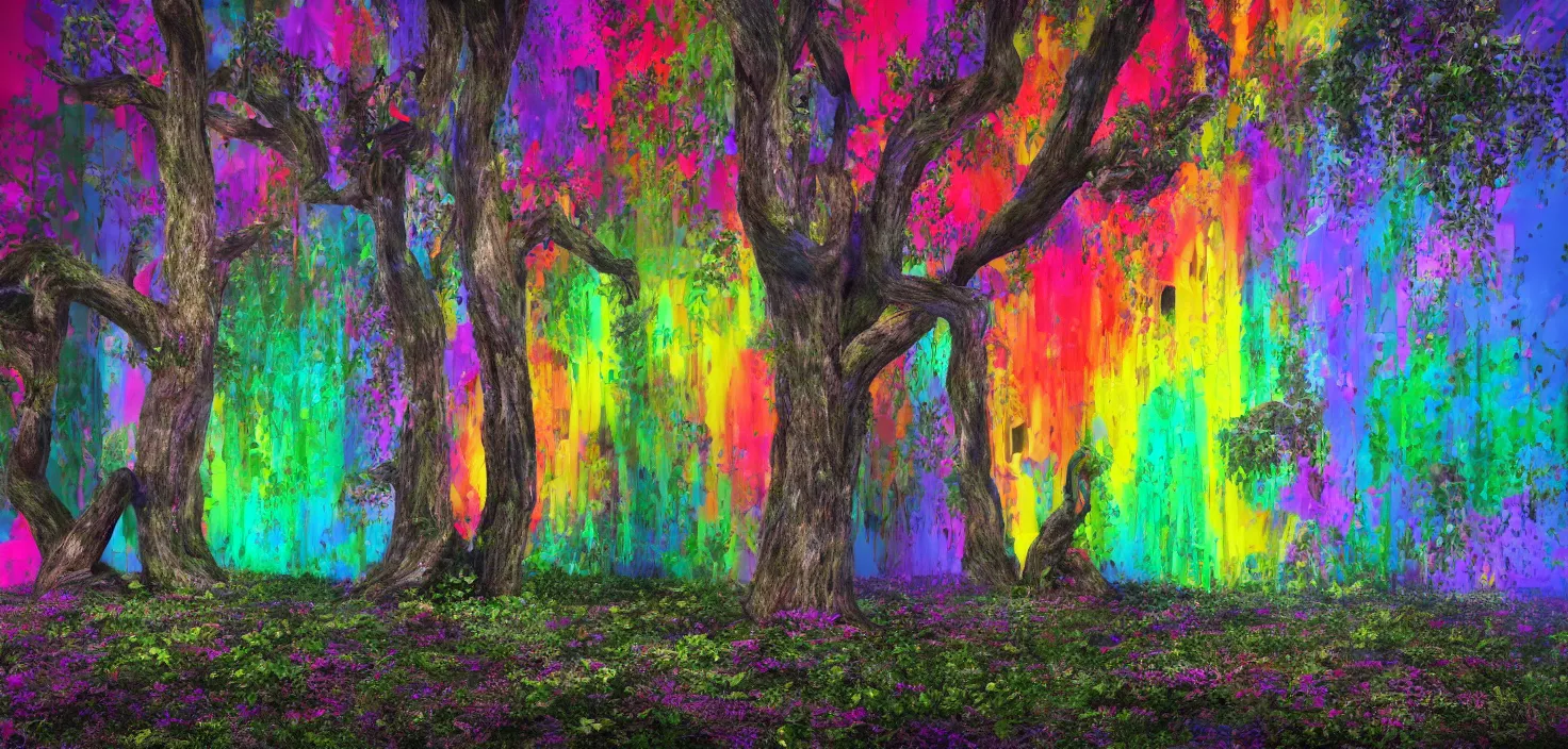 Image similar to Huge flowers growing on tree trunks and holes in buildings, deep colors, rainbow, vivid, brilliant, colored, bright, polychromatic, glowing neon, geometric, dark, mist Art of Illusion, Artrift, finalRender, Flickr, IMAX, Polycount, r/Art, shadow depth, Sketchfab, Sketchlab, Substance Designer, VRay, depth of field, subtractive lighting