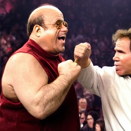 Prompt: danny devito and will ferrell in a fight to the death
