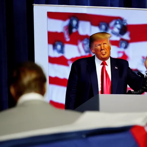 Prompt: trump with the nuclear codes flying out of a briefcase, ap photo, harsh lighting, press conference