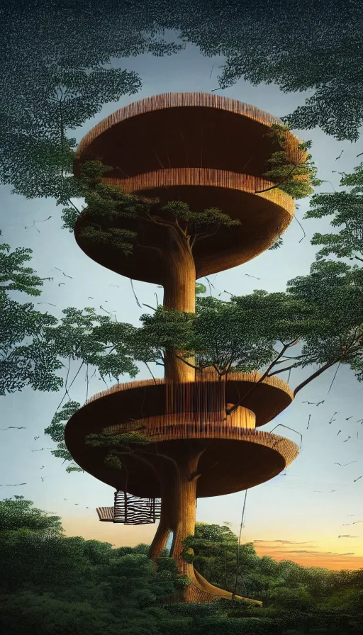 Image similar to a beautiful very detailed illustration of treehouse unfinished building by oscar niemeyer, sunset alien, archdaily, wallpaper, highly detailed, trending on artstation.