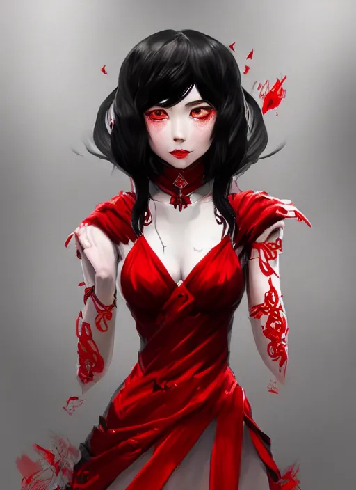 Image similar to a highly detailed illustration of hime cut black haired woman wearing red dress, dramatic smiling pose, intricate, elegant, highly detailed, centered, digital painting, artstation, concept art, smooth, sharp focus, league of legends concept art, wlop