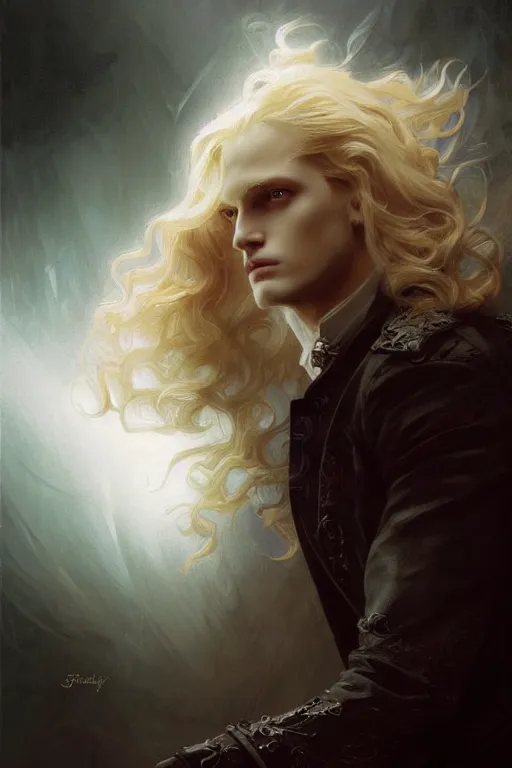 Image similar to johan liebert mixed with alucard picture by Greg Rutkowski, long fluffy blond curly hair, baroque curls, dynamic pose, matte painting, intricate, z brush, fantasy concept art, elegant, by Stanley Artgerm Lau, WLOP, golden ratio, thomas kindkade, alphonse mucha, loish, Peter chung, norman Rockwell,