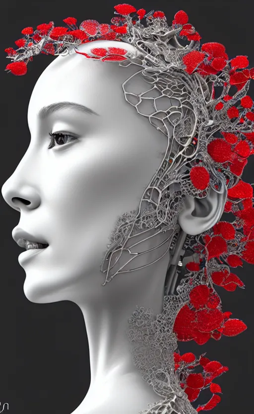 Image similar to complex 3d render ultra detailed of a beautiful porcelain profile woman face, mechanical cyborg, 150 mm, beautiful 3 point lighting, rim light, silver gold red details, luxurious magnolia with leaves and stems, roots, Alexander Mcqueen haute couture, fine foliage lace, mesh wire, filigran intricate details, hyperrealistic, mandelbrot fractal, anatomical, robotic parts, facial muscles, cable electric wires, microchip, elegant, octane render, 8k post-processing