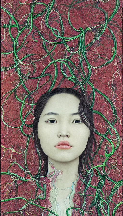 Image similar to very detailed portrait of a 2 0 years old girl surrounded by tentacles, the youg woman visage is blooming from fractal and vines, by zeng fanzhi