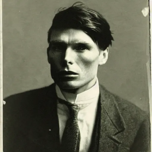 Image similar to headshot edwardian photograph of cillian murphy, 1 9 2 0 s, gang member, intimidating, tough, realistic face, 1 9 1 0 s photography, 1 9 0 0 s, grainy, victorian