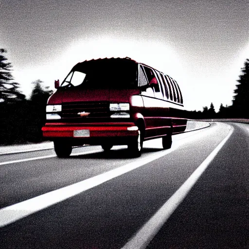 Image similar to A photograph of a 1999 Maroon Chevrolet Express driving on highway 411 in Perth, Ontario at night at 22:20, photograph taken in 2009 on a nokia flip phone