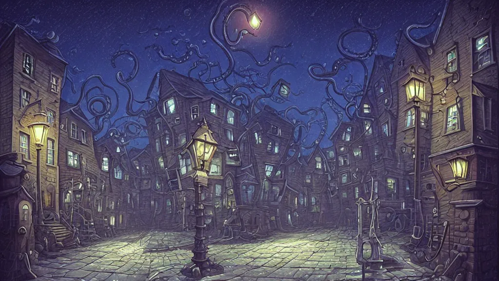 Image similar to street view of lovecraftian town square surrounded by houses in lovecraftian city at night by cyril rolando and naomi okubo and dan mumford and ricardo bofill. lovecraft. cobbled streets. oil lamp posts. lovecraftian statues.