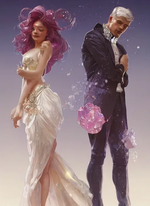 Image similar to a couple made of sparkling crystal, a man and a woman, diamond and rose quartz, full body view, beautiful high quality realistic fantasy art, trending on artstation by artgerm and greg rutkowski and alphonse mucha