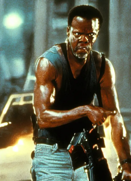 Image similar to film still of Samuel L Jackson as John McClane in Die Hard, 4k