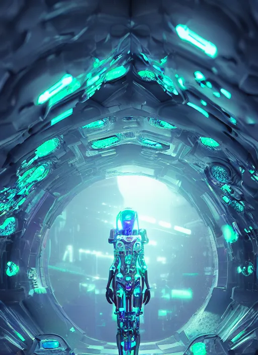 Image similar to cyberpunk seacave made of of neon glimmering geodes well contoured smooth fair walls, up close shot, sharp focus, global illumination, radiant light, alexandre ferra white mecha, irakli nadar, octane highly render, 4 k, ultra hd,