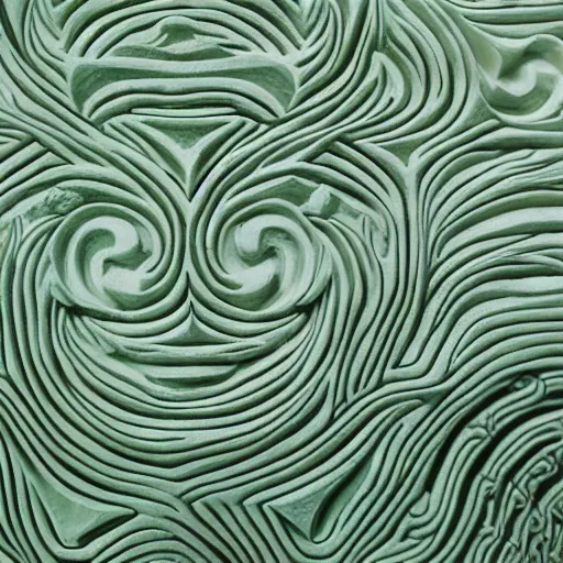 Prompt: thin lines, fractals, lichen macro, crenelated, serpentine twisty maze, carved soapstone ceiling relief paneling white and pale green