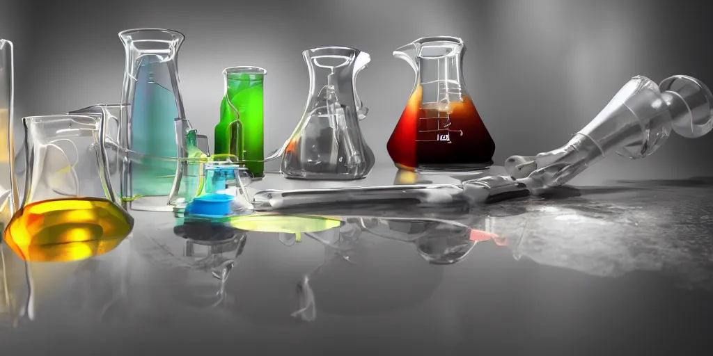 Image similar to instruments being used to mix chemicals, scientist, blender, 3d, apartment