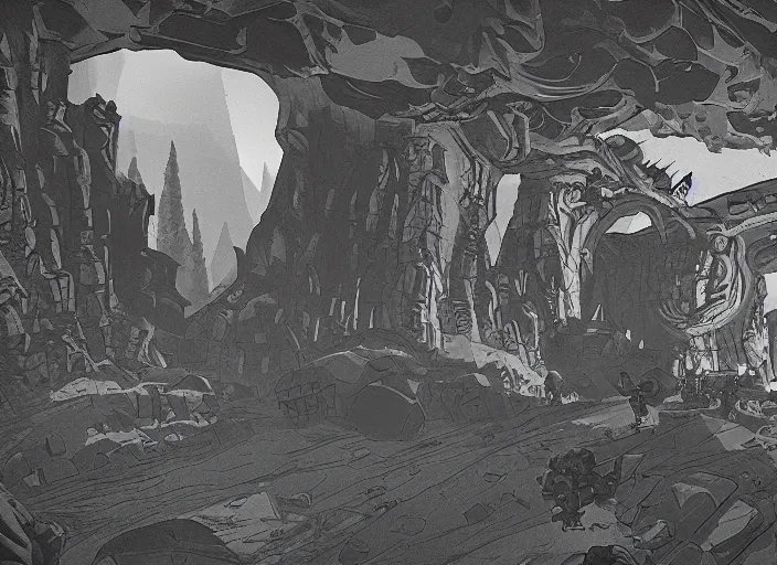 Prompt: deep rock galactic as an etching!!!!, video game, cavern, monochrome