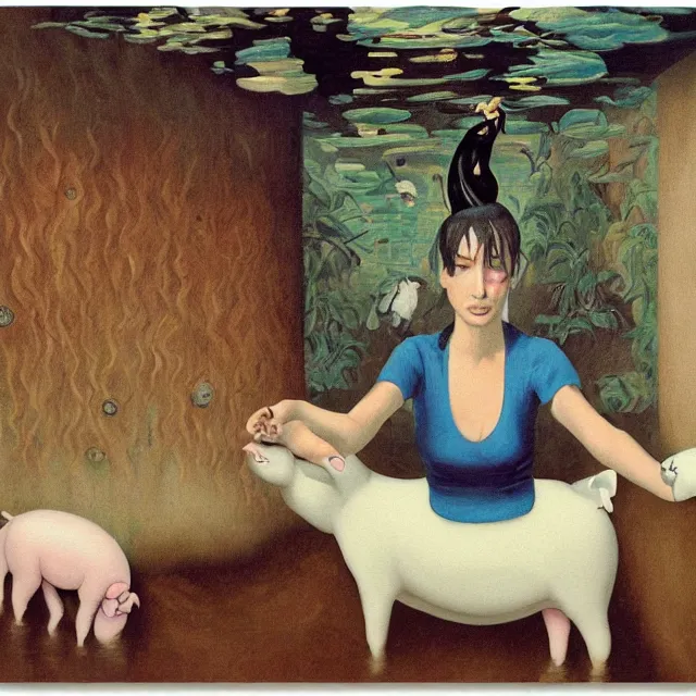 Image similar to tall female emo artist holding a pig in her flooded apartment, mushrooms, octopus, water gushing from ceiling, painting of flood waters inside an artist's apartment, a river flooding indoors, pomegranates, pigs, ikebana, zen, river, rapids, waterfall, black swans, canoe, berries, acrylic on canvas, surrealist, by magritte and monet