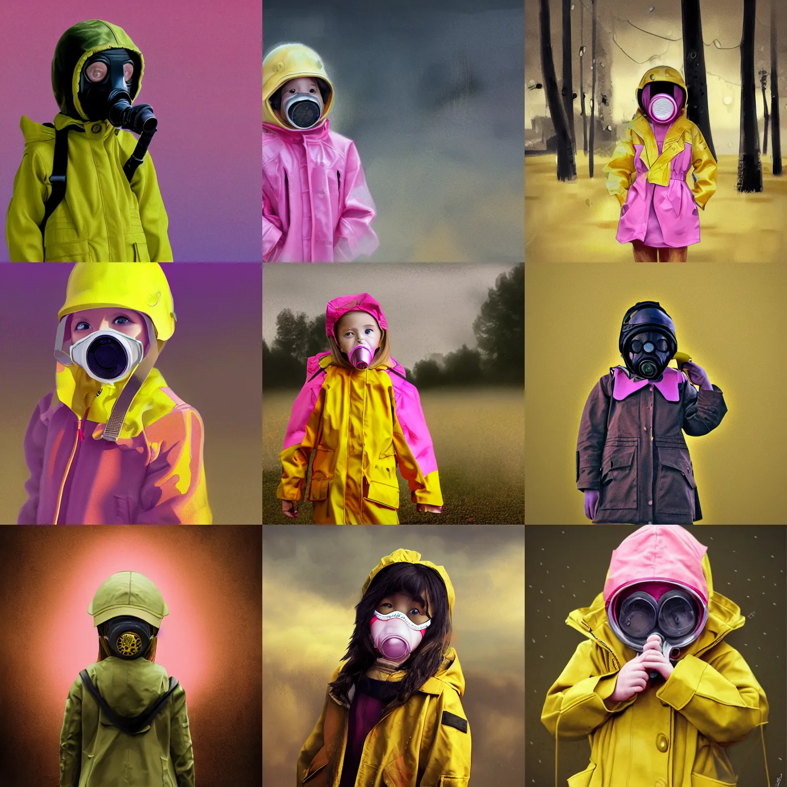 Prompt: detailing photo realistic concept art of child girl wearing pink army gas mask and yellow rain coat, golden hour