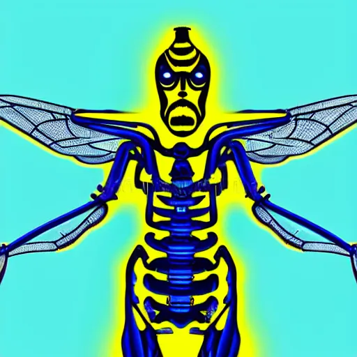 Image similar to human man that resembles a wasp morh in surreal sketch style, blue and yellow gradient, noise, ultrafine detail, hd 8k, logo illustration