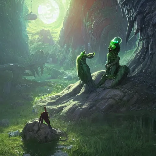 Image similar to green creature with long fingers disguised as a human, unreal engine, fantasy art by greg rutkowski, loish, rhads, ferdinand knab, makoto shinkai and lois van baarle, ilya kuvshinov, rossdraws, tom bagshaw, global illumination, radiant light, detailed and intricate environment