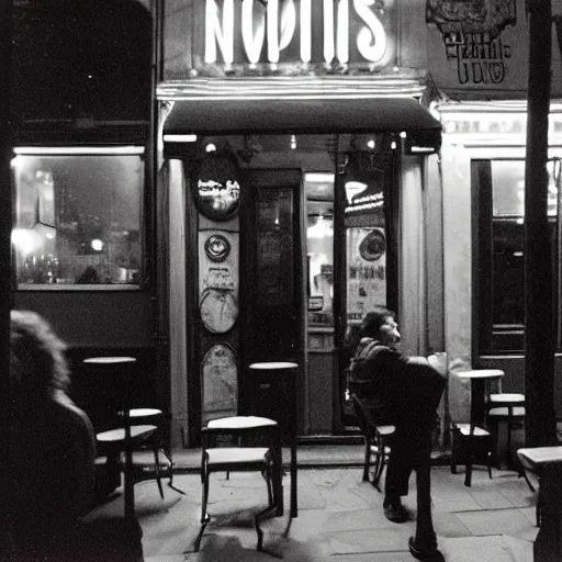 Prompt: people at a cafe at night, paris, 8 mm, photographed by nan goldin