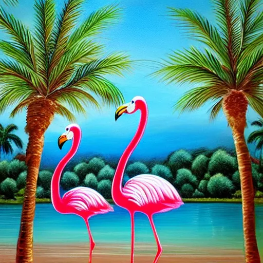 Prompt: cute flamingos with furry feathers in lake with palm trees detailed oil painting