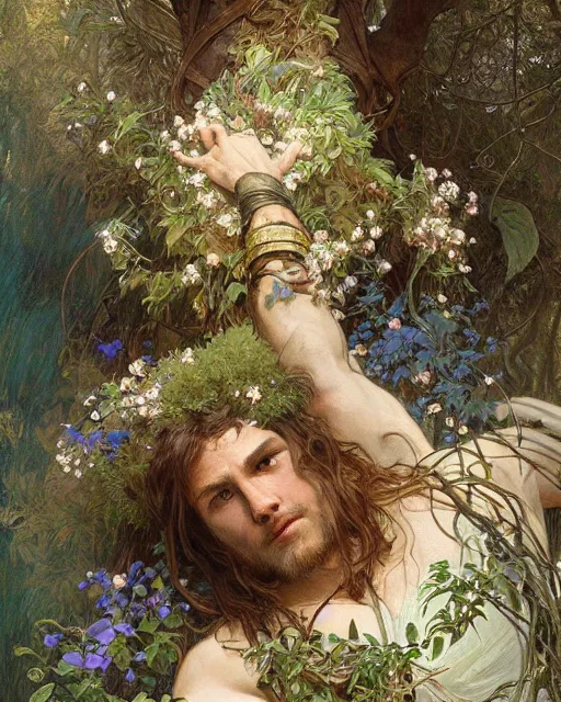 Image similar to god of the forest, 3 0 years old, rugged, male, gorgeous, detailed face, amazing, flowers, muscular, intricate, highly detailed, digital painting, artstation, concept art, sharp focus, illustration, art by gaston bussiere greg rutkowski alphonse mucha