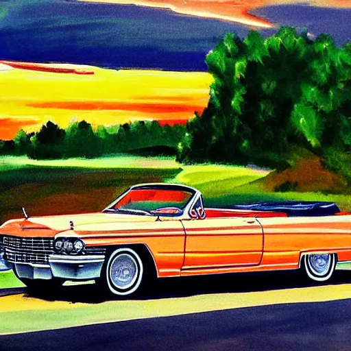 Prompt: 1 9 6 3 cadillac convertible driving down empty highway into a bright orange sunrise, water painting, high detail